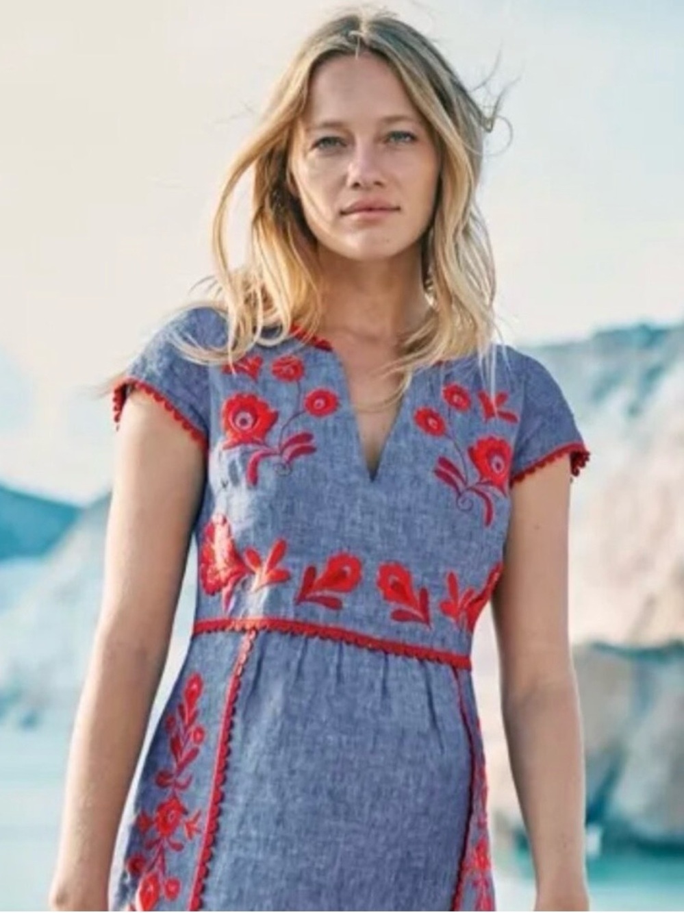 Boden Bea Blue Linen Dress with Red Floral Embroidery